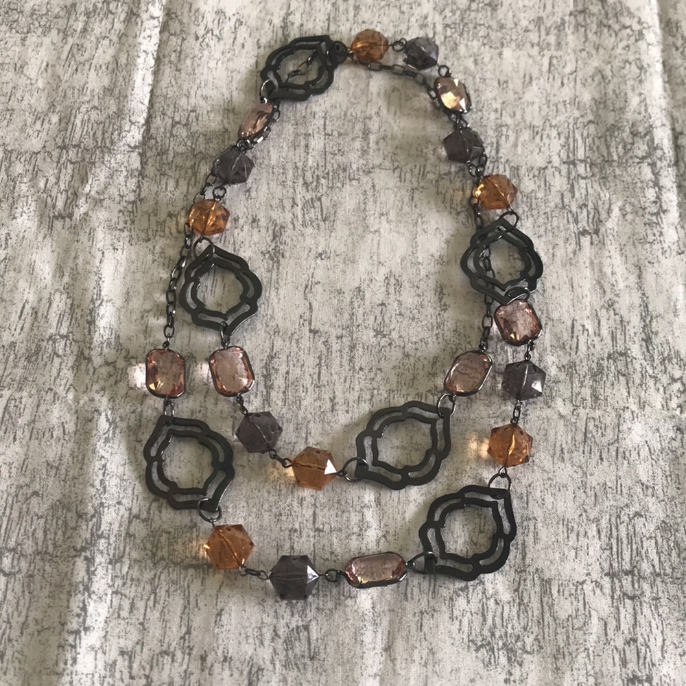 Statement Necklace w Pink / Taupe / Orange Beads; Neutral Tones, Geometric Links